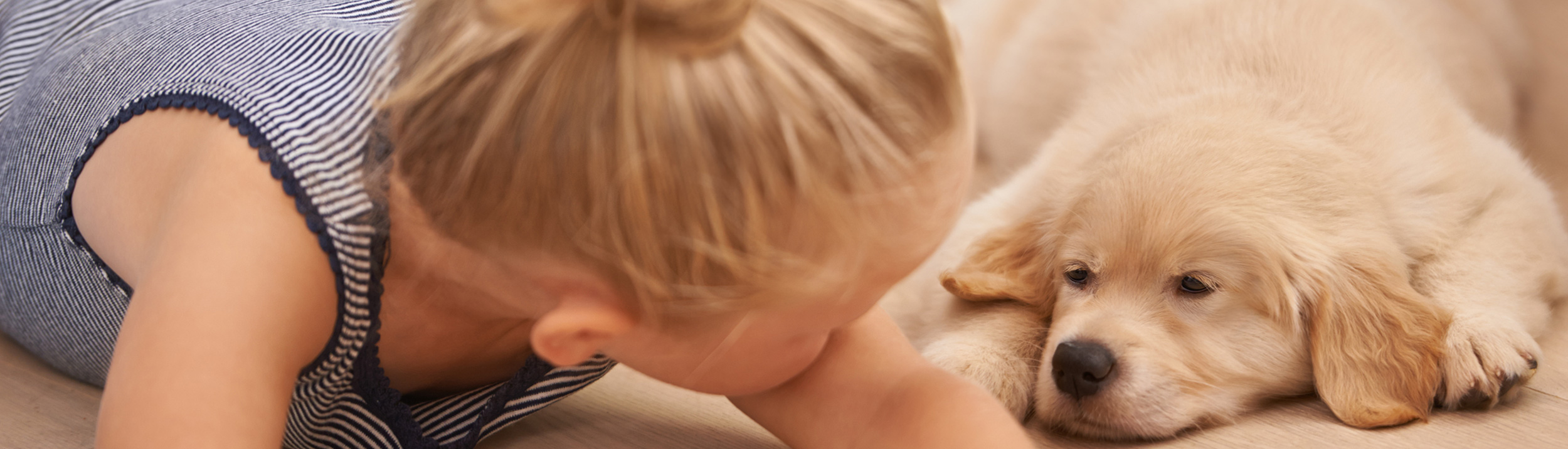 Junger Hund und kleines Mädchen liegen am Boden. Fussbodenheizungen der Firma Haesler AG, machen Ihren Fussboden gemütlich.
